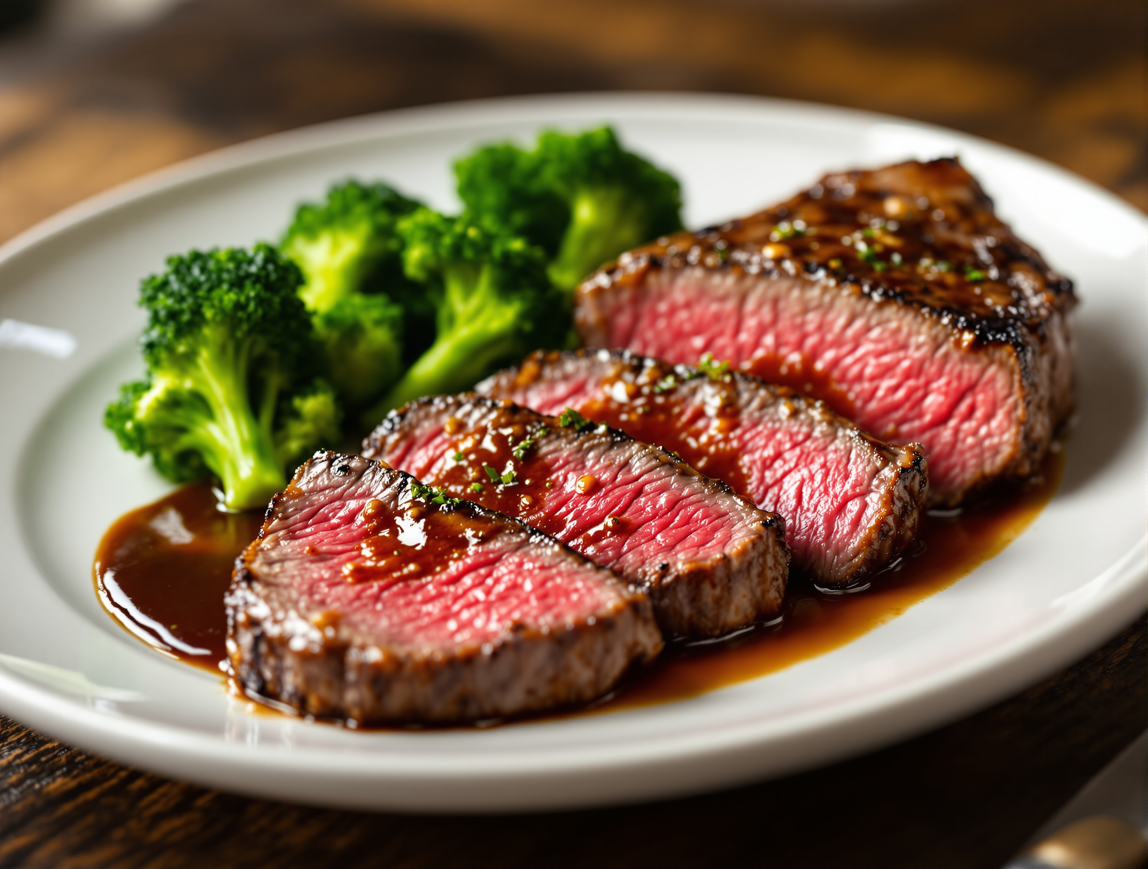 Bife de chorizo grillado a punto, con brócoli y salsa demi-glace